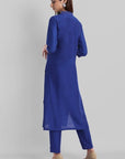 Gray Blue Silk Lapel Kurta Pants Set