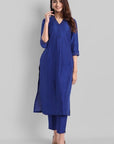 Gray Blue Silk Lapel Kurta Pants Set