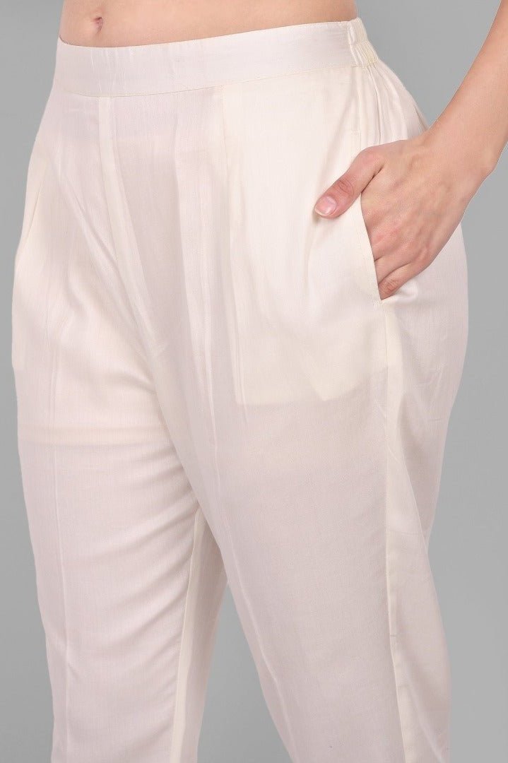 White Cotton Straight Pant with Pockets - Mera Rang
