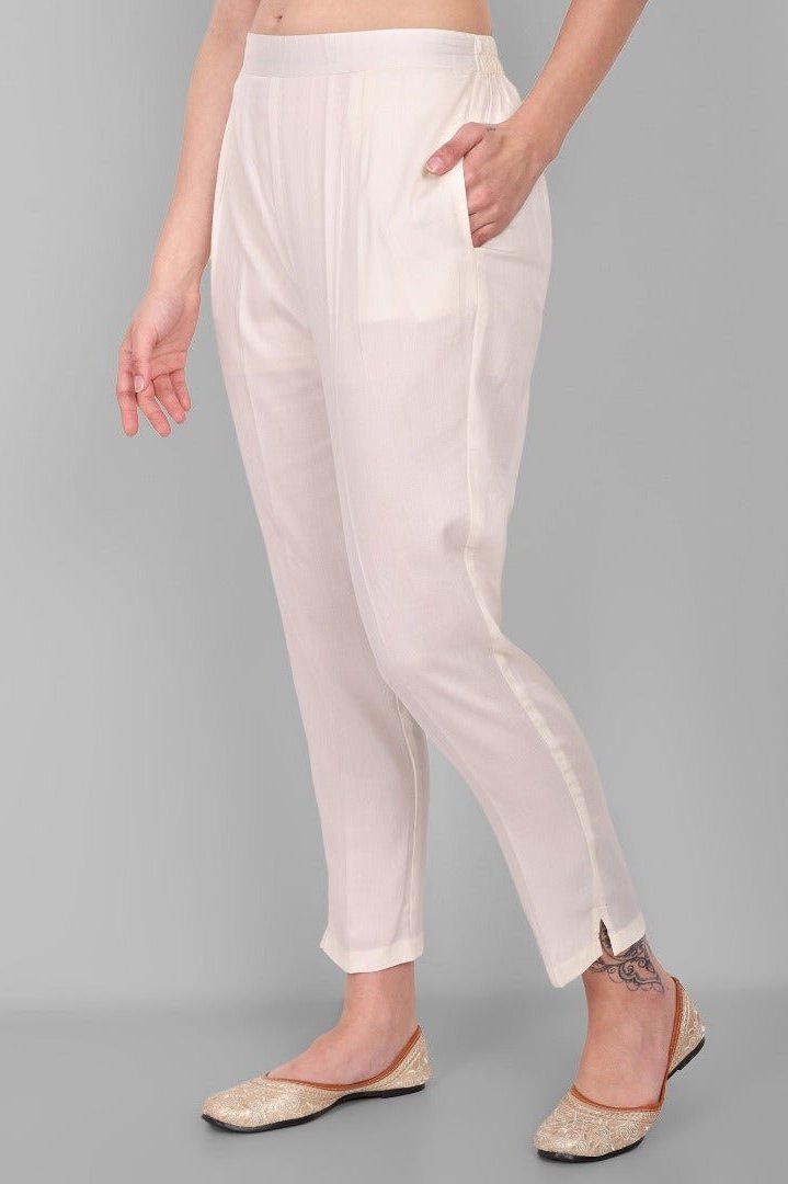 White Cotton Straight Pant with Pockets - Mera Rang
