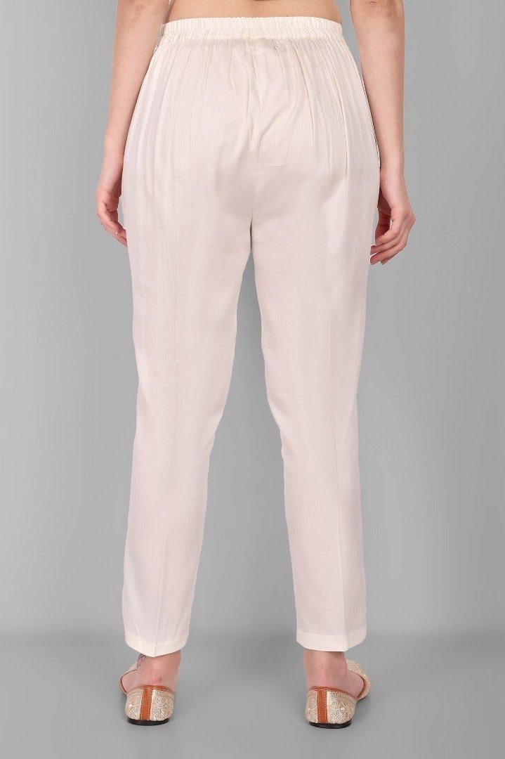 White Cotton Straight Pant with Pockets - Mera Rang