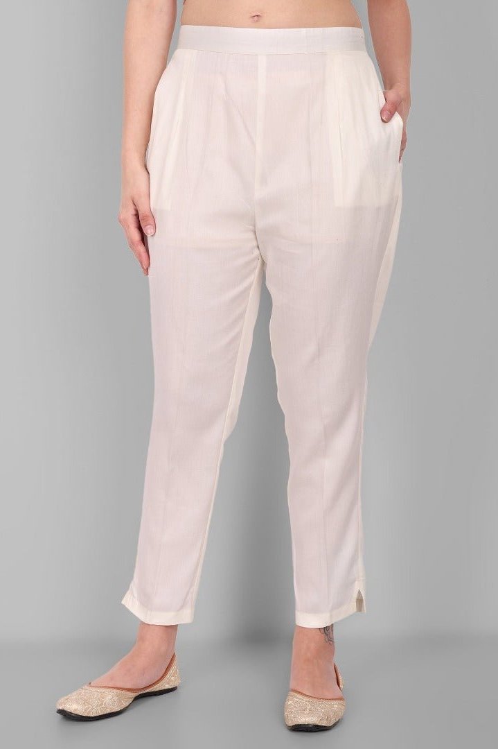 White Cotton Straight Pant with Pockets - Mera Rang