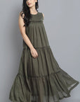 Dark Olive Green Khaki Mul Cotton Sleeveless Graduated Dress