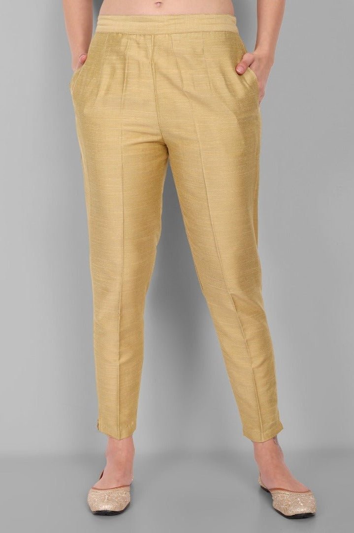 Light Gold Cotton Silk Pant with Pockets - Mera Rang