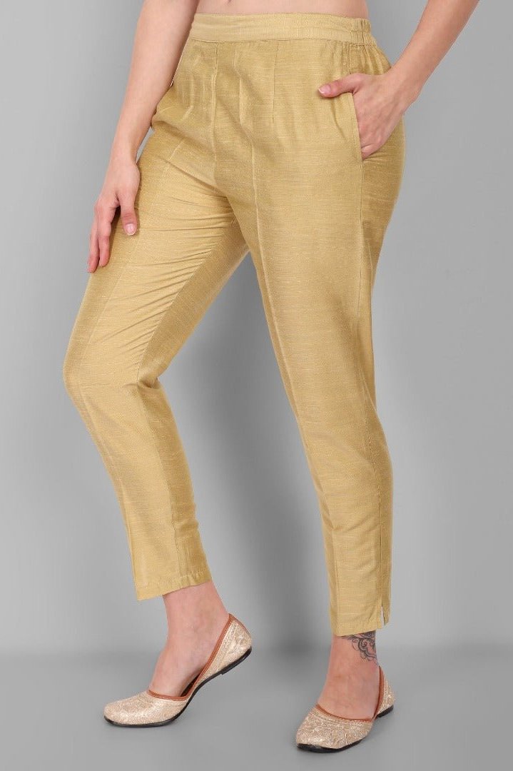 Light Gold Cotton Silk Pant with Pockets - Mera Rang