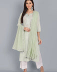 Dark Gray Light Green Lurex Straight Kurta with Dupatta - Set of 3
