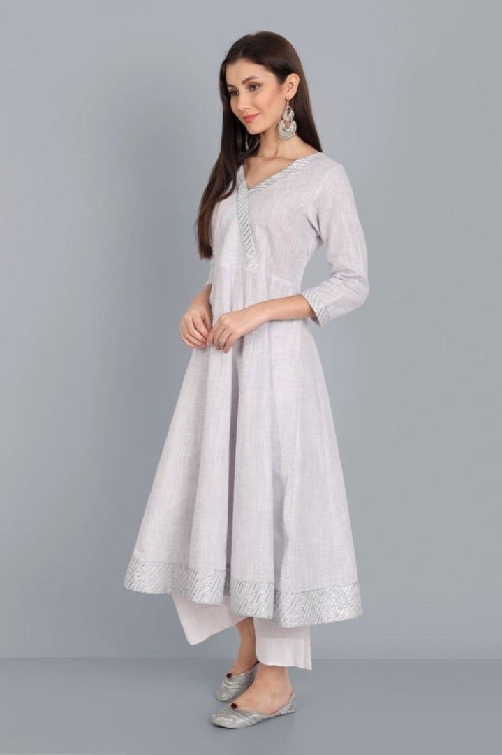 Dark Gray Light Mouve Cotton Lurex Anarkali with Cotton Lurex Dupatta- Set of 3