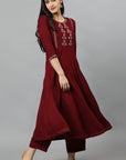 Dark Red Maroon Anara Embroidered Rayon Kurta Dress
