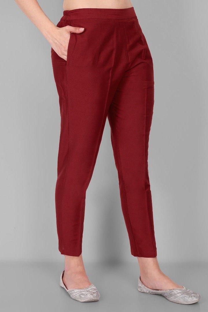 Maroon Cotton Silk Pant with Pockets - Mera Rang