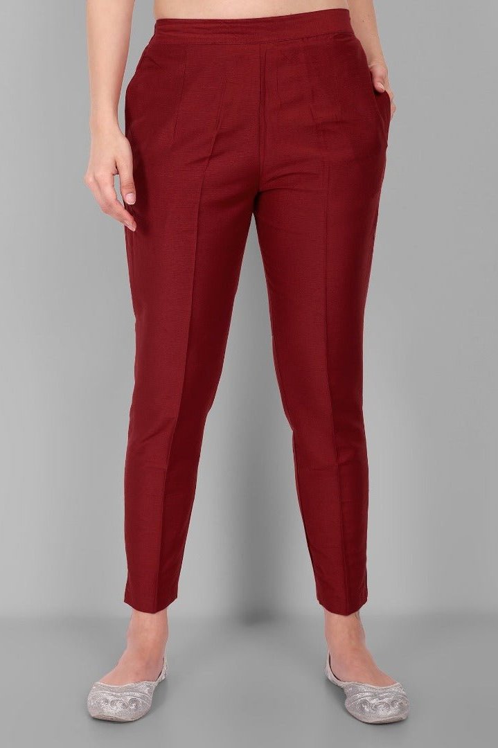 Maroon Cotton Silk Pant with Pockets - Mera Rang