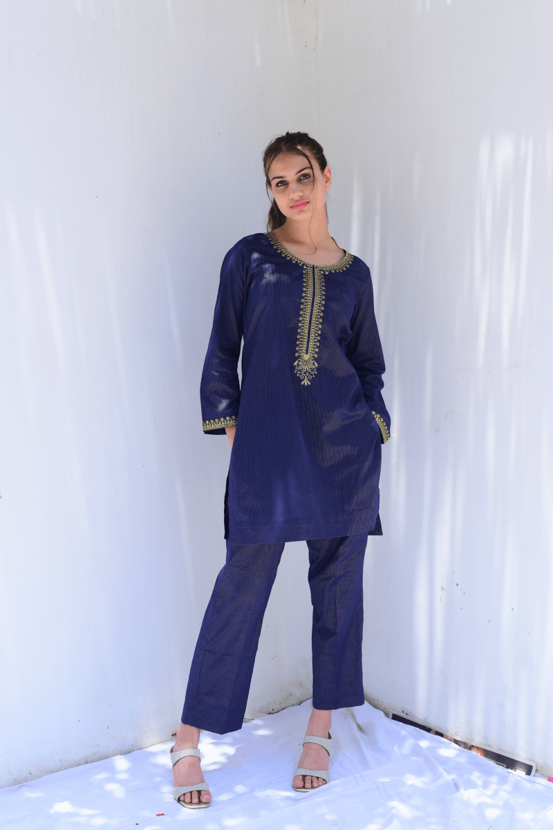 Midnight Blue Cotton Co-Ord with Embroidery - Set of 2