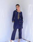 Midnight Blue Cotton Co-Ord with Embroidery - Set of 2