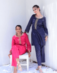 Midnight Blue Cotton Co-Ord with Embroidery - Set of 2
