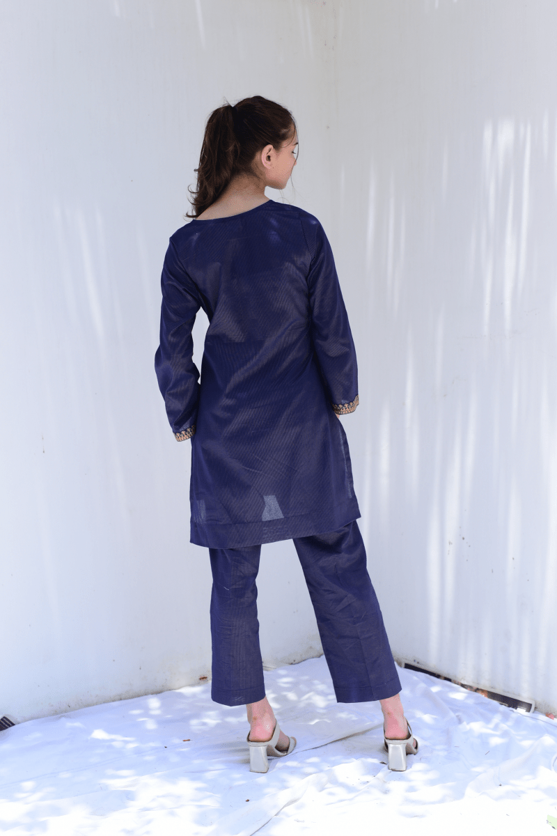 Midnight Blue Cotton Co-Ord with Embroidery - Set of 2