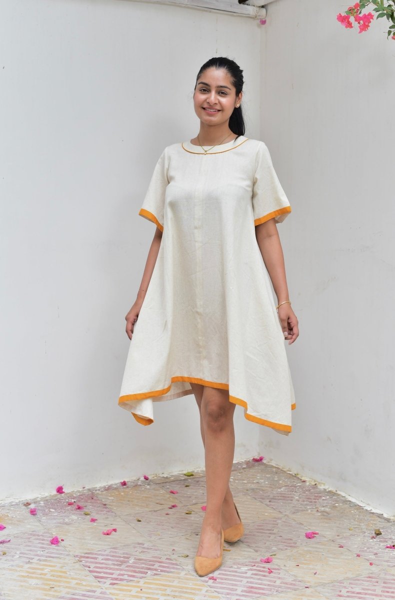 Ladies Off White Cotton Kaftan Dress with Piping and Collar | Rang Mera Rang Ladies Off White Cotton Kaftan Dress with Piping and Collar | Rang Mera Rang