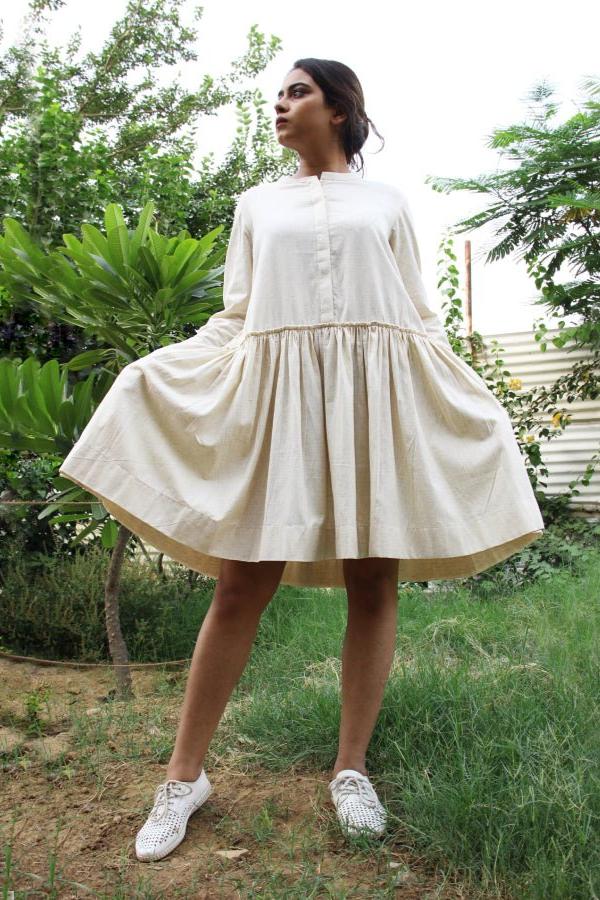 Women's Off White Knee Length Cotton Tennis Dress with Pockets | Rang Mera Rang Women's Off White Knee Length Cotton Tennis Dress with Pockets | Rang Mera Rang