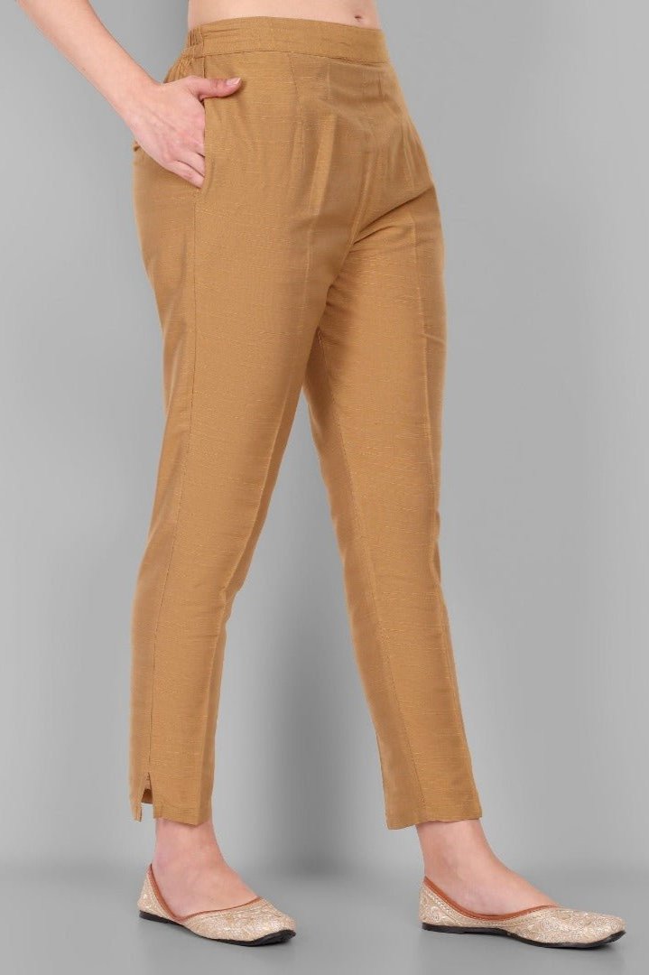 Old Gold Cotton Silk Straight Drainpipe Pants - Mera Rang