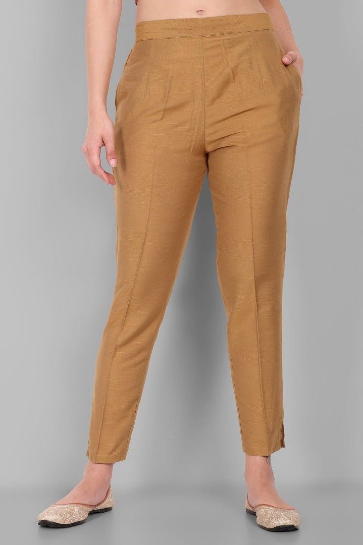 Old Gold Cotton Silk Straight Drainpipe Pants - Mera Rang