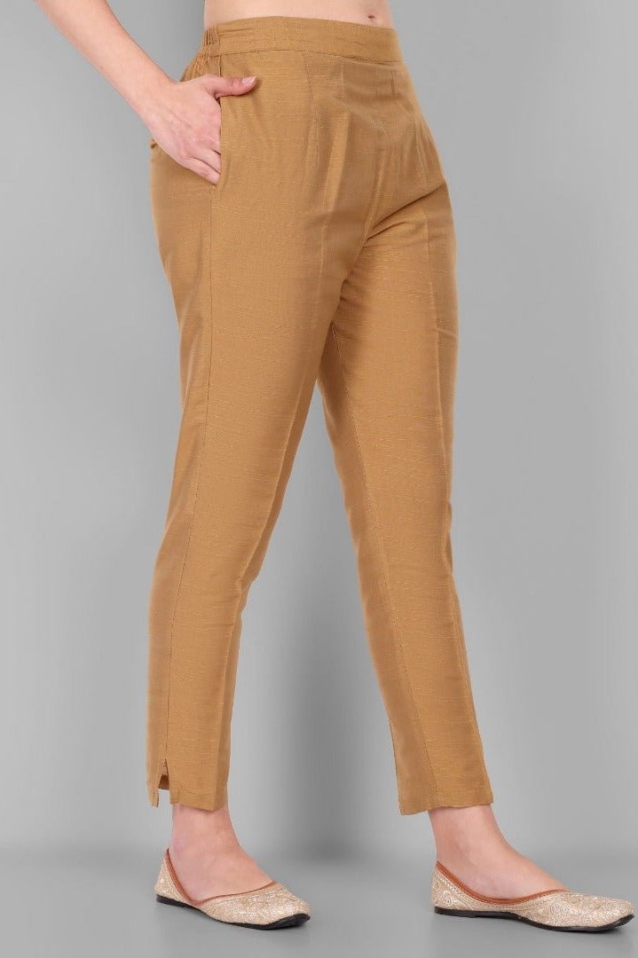 Old Gold Straight Cotton Silk Pant with Pockets - Mera Rang