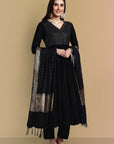 Black Cotton Chanderi Angrakha Kurta Set Online