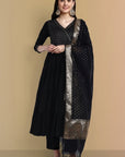 Black Cotton Chanderi Graduated Angrakha Style Set Online