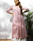 White Smoke Peach Handblock Cotton Anarkali Kurta