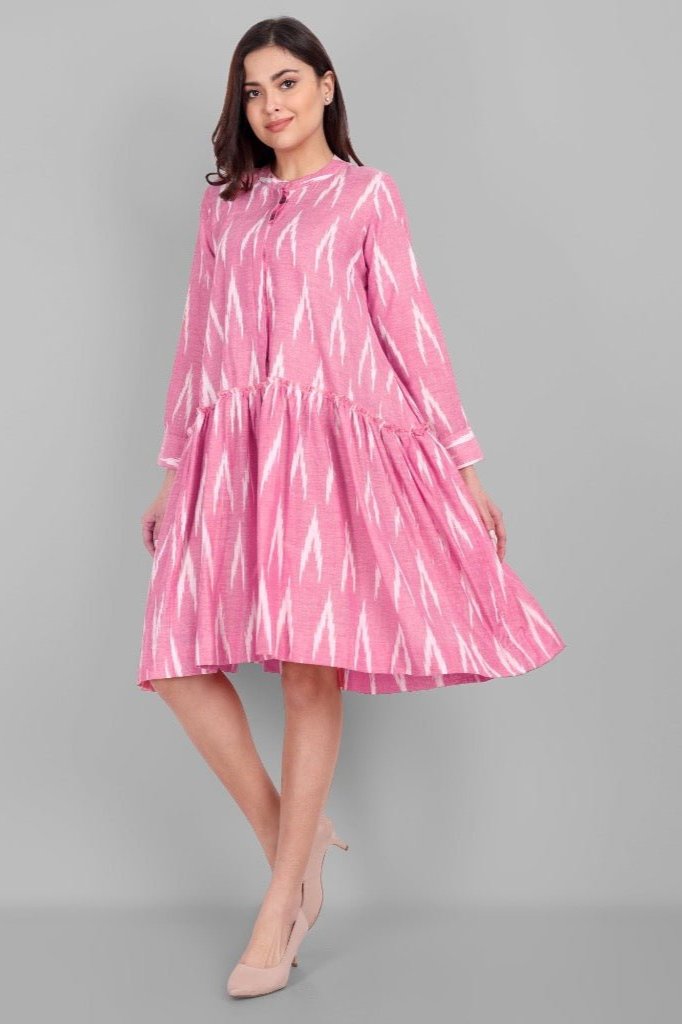 Women's Pink Ikkat Knee Length Cotton Tennis Dress with Pockets
