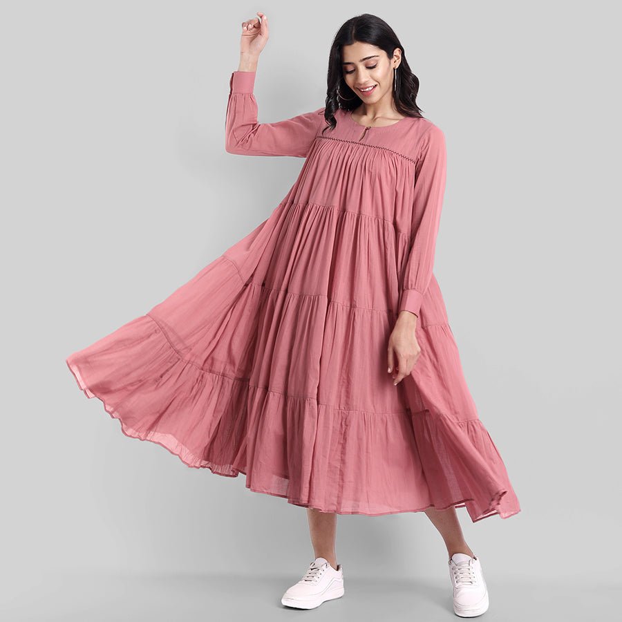 Pink Pure Mul-Mul Cotton Graduated Long Dress Cotton Lined | Rang  Mera  Rang
