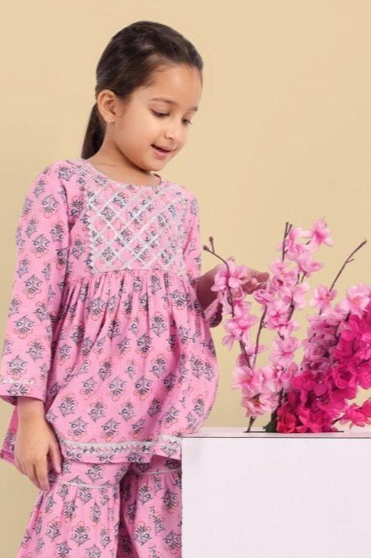 Pink Printed Gharara and Peplum Top - Set of 2 - Mera Rang