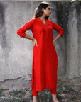 Red Red Silk Lapel Kurta Pants Set