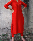 Dark Red Red Silk Lapel Kurta Pants Set