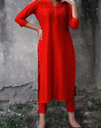 Dark Red Red Silk Lapel Kurta Pants Set