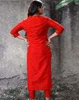 Red Red Silk Lapel Kurta Pants Set