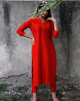 Firebrick Red Silk Lapel Kurta Pants Set