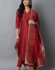 Brown Rust Silk Lapel Kurta Pants Set