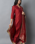 Dark Red Rust Silk Lapel Kurta Pants Set