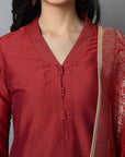 Brown Rust Silk Lapel Kurta Pants Set