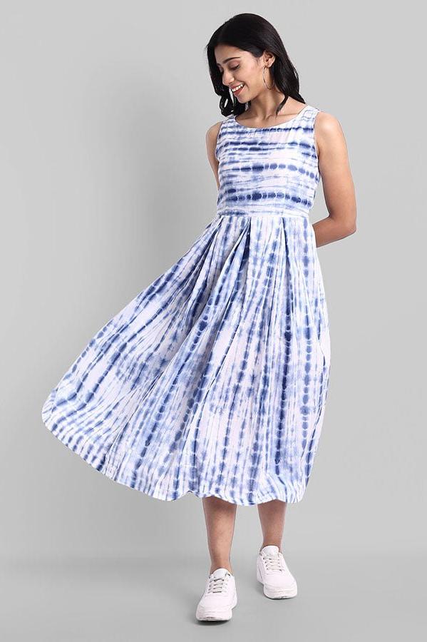 Women's Shibori Print Cotton Sleeveless Dress with Box Pleats | Rang Mera Rang Women's Shibori Print Cotton Sleeveless Dress with Box Pleats | Rang Mera Rang