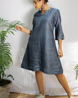 Gray Steel Blue Linen A line Dress