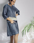 Gray Steel Blue Linen A line Dress