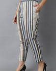 Dark Gray Striped Linen Cotton Drainpipe Pants