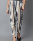 Dark Gray Striped Linen Cotton Drainpipe Pants