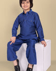 Tan Textured Cotton Silk Ink Blue Pathani - Set of 2