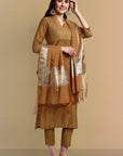 V neck Gold Cotton Silk and Chanderi Kurta & Pant - Set of 3