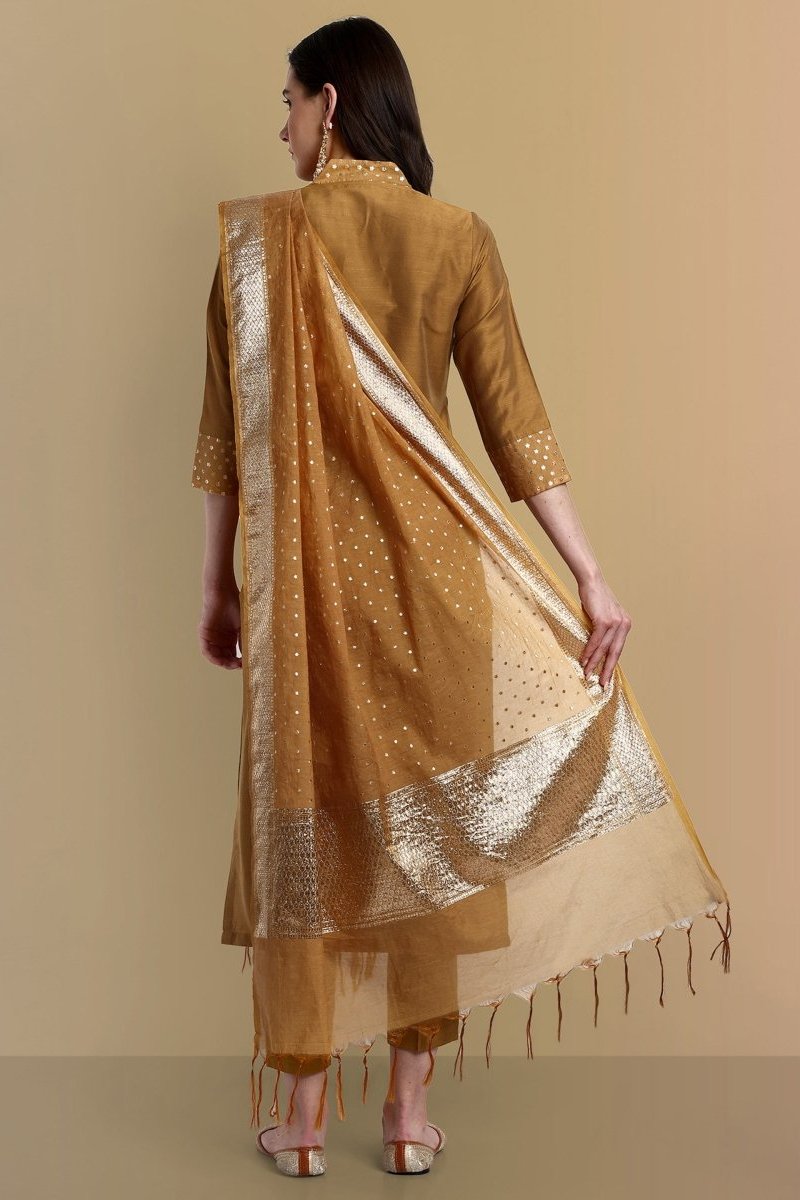 V neck Gold Cotton Silk and Chanderi Kurta & Pant - Set of 3