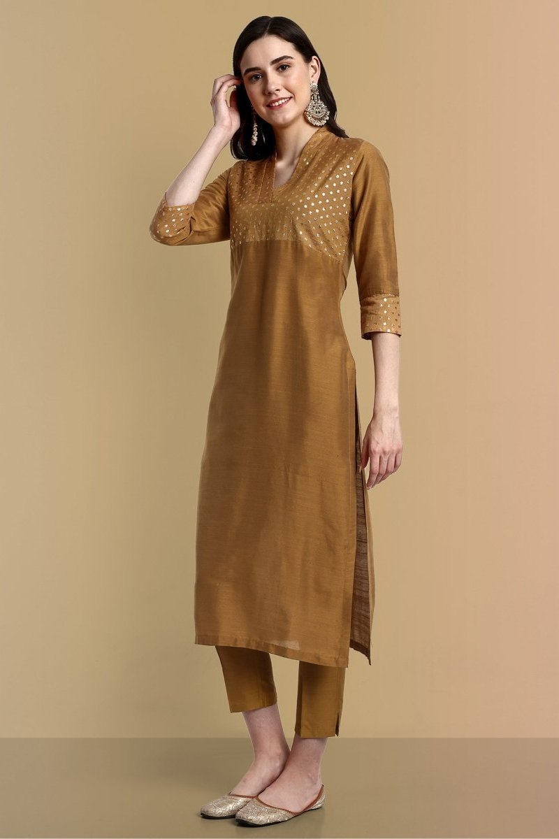 V neck Gold Cotton Silk and Chanderi Kurta & Pant - Set of 3