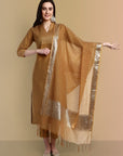 V neck Gold Cotton Silk and Chanderi Kurta & Pant - Set of 3