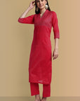 V-Neck Hot Pink Cotton Silk and Chanderi Kurta & Pant - Set of 2