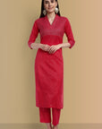 V-Neck Hot Pink Cotton Silk and Chanderi Kurta & Pant - Set of 2
