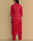 V-Neck Hot Pink Cotton Silk and Chanderi Kurta & Pant - Set of 2